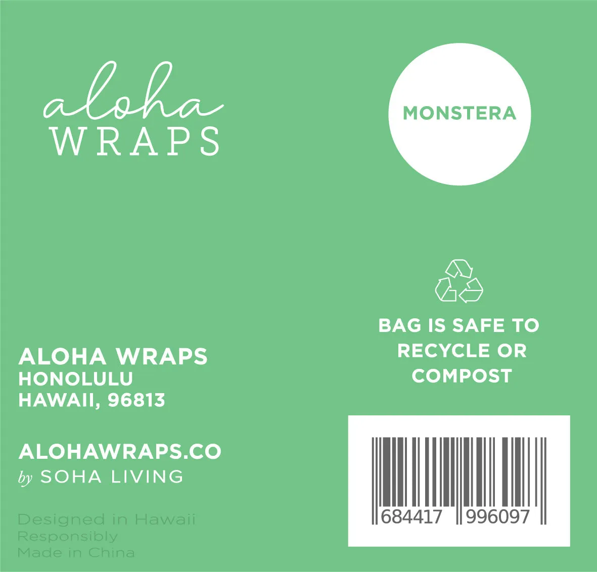 *Aloha Wraps Monstera Lunch Bags