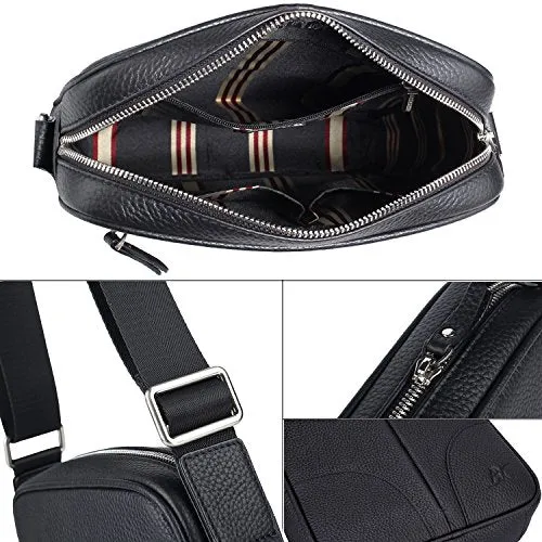 Banuce Small Black Cowhide Leather Messenger Bag for Men Shoulder Crossbody Purse for iPad
