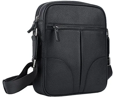 Banuce Small Black Cowhide Leather Messenger Bag for Men Shoulder Crossbody Purse for iPad