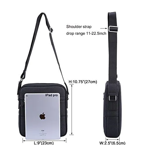 Banuce Small Black Cowhide Leather Messenger Bag for Men Shoulder Crossbody Purse for iPad