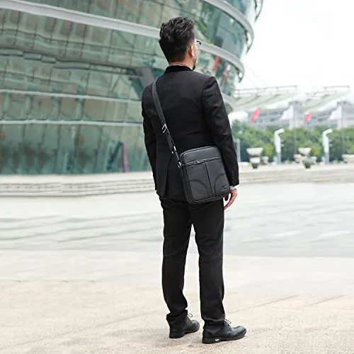 Banuce Small Black Cowhide Leather Messenger Bag for Men Shoulder Crossbody Purse for iPad