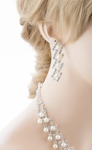 Bridal Wedding Jewelry Crystal Rhinestone Elegant Pearl Drops Necklace J521 SLV