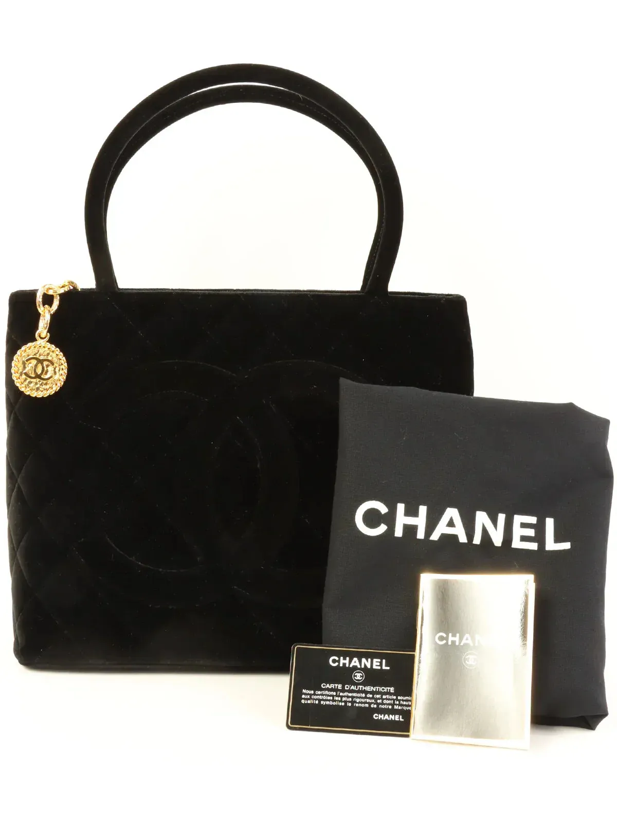 CHANEL Around 1998 Made Velvet Cc Mark Stitch Revival Tote Bag Black