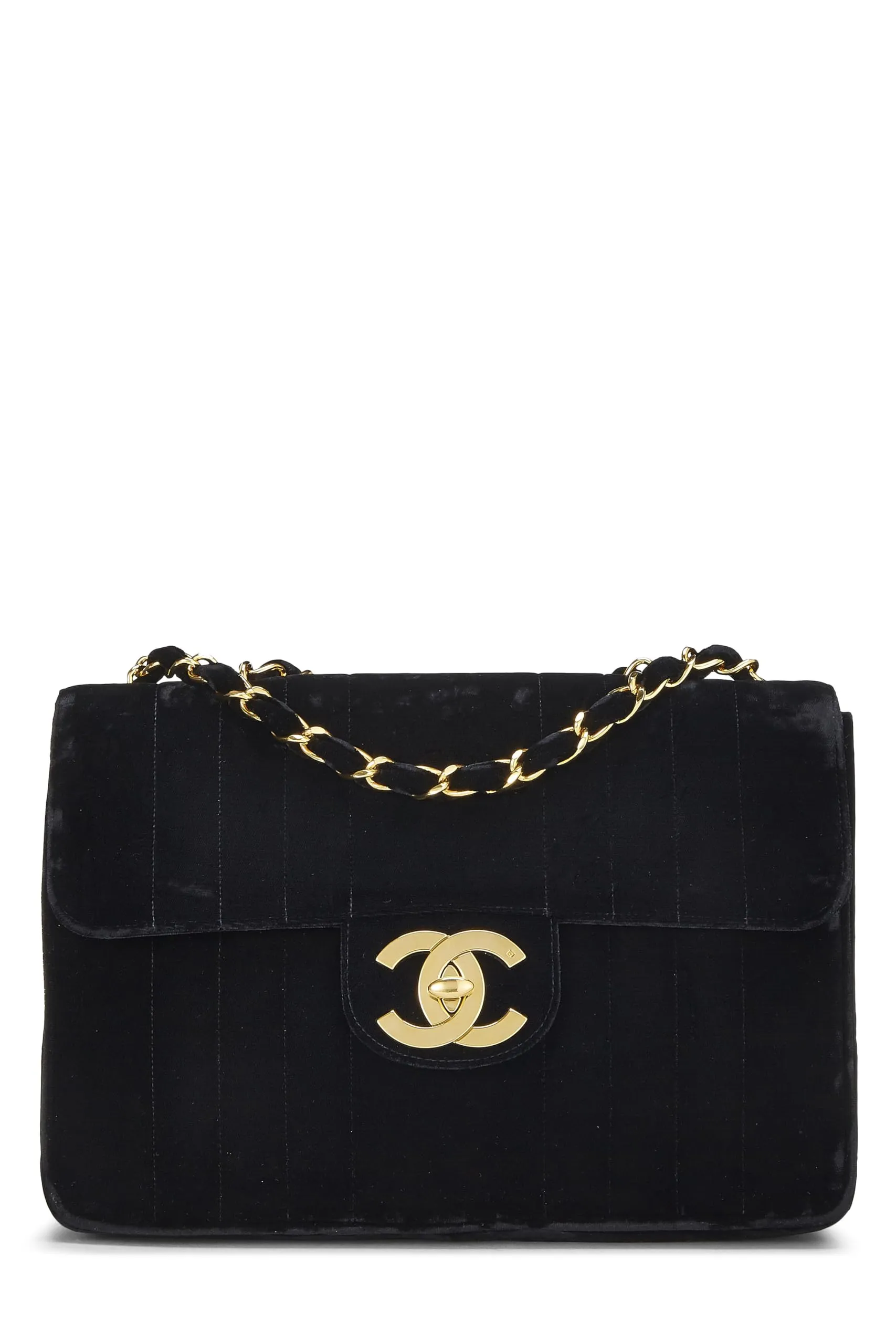 Chanel,  Black Vertical Velvet Half Flap Jumbo, Black