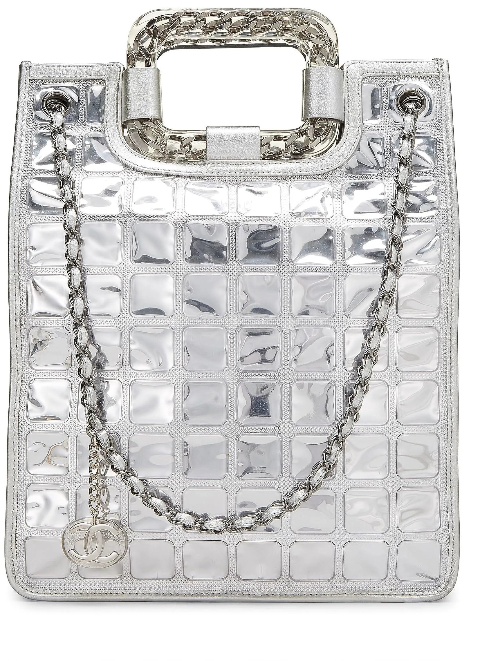 Chanel,  Metallic Silver Quilted Leather Ice Cube Shopping Tote, Silver