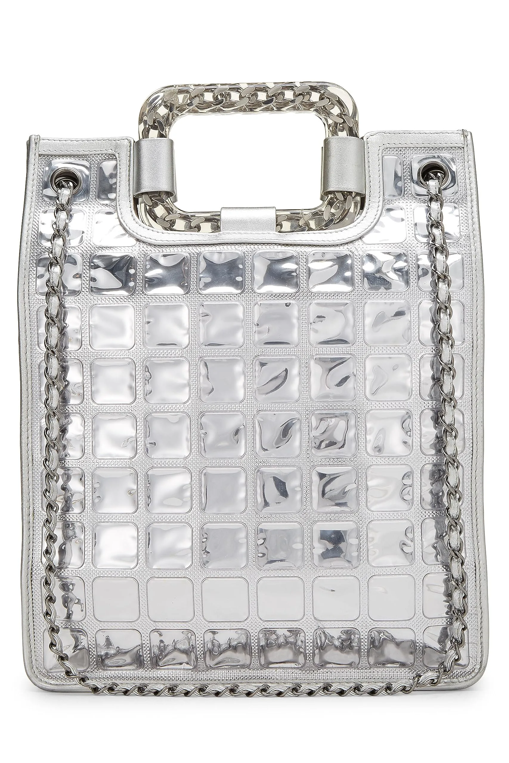 Chanel,  Metallic Silver Quilted Leather Ice Cube Shopping Tote, Silver