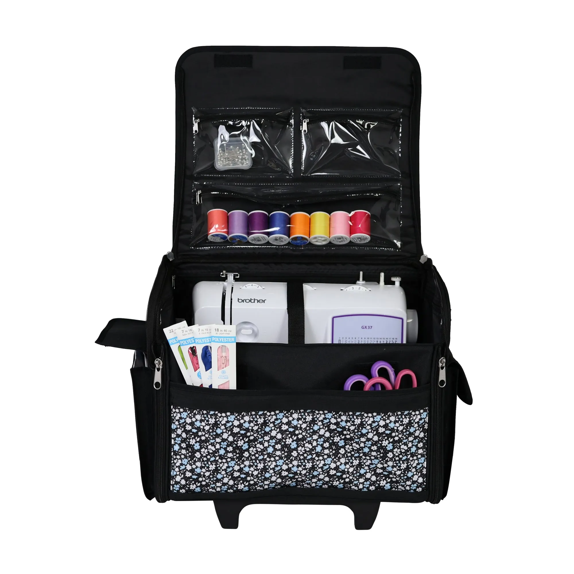Everything Mary Collapsible Rolling Sewing Machine Tote - Premium Polyester Construction - Universal Fit - Portable with Dual Wheels and Telescoping Handle - Blue Floral
