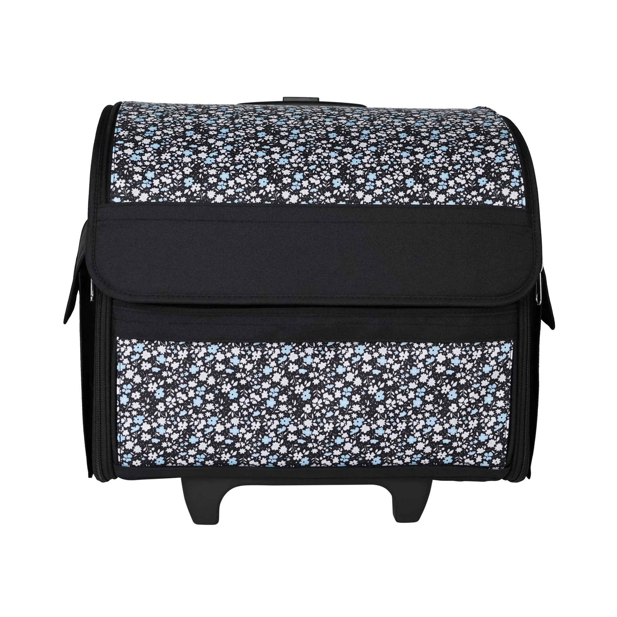 Everything Mary Collapsible Rolling Sewing Machine Tote - Premium Polyester Construction - Universal Fit - Portable with Dual Wheels and Telescoping Handle - Blue Floral