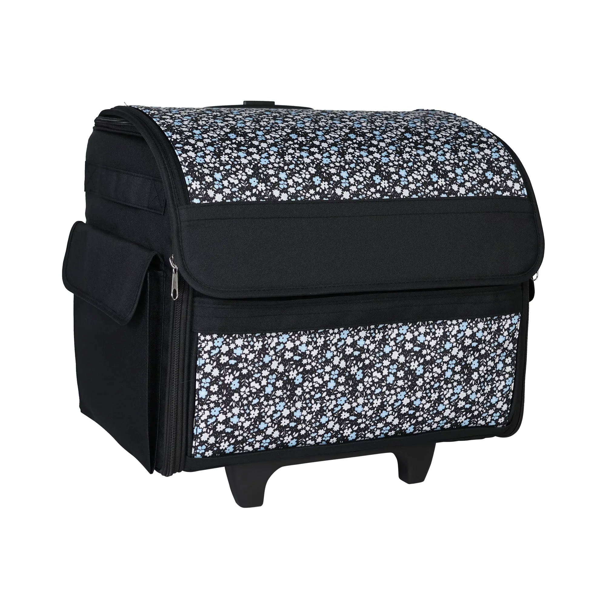 Everything Mary Collapsible Rolling Sewing Machine Tote - Premium Polyester Construction - Universal Fit - Portable with Dual Wheels and Telescoping Handle - Blue Floral