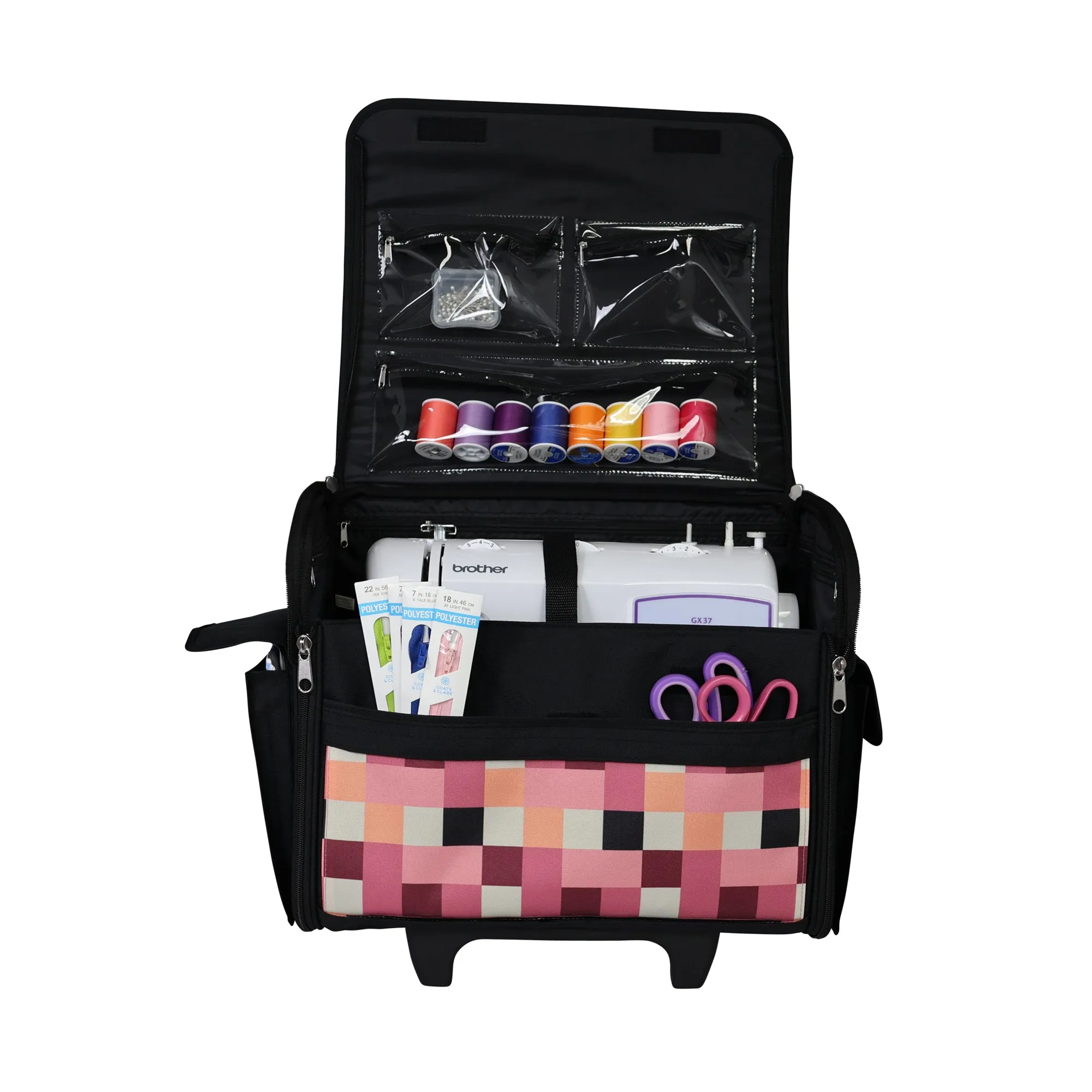 Everything Mary Collapsible Rolling Sewing Machine Tote - Premium Polyester Construction - Universal Fit - Portable with Dual Wheels and Telescoping Handle - Checkered Pink Print