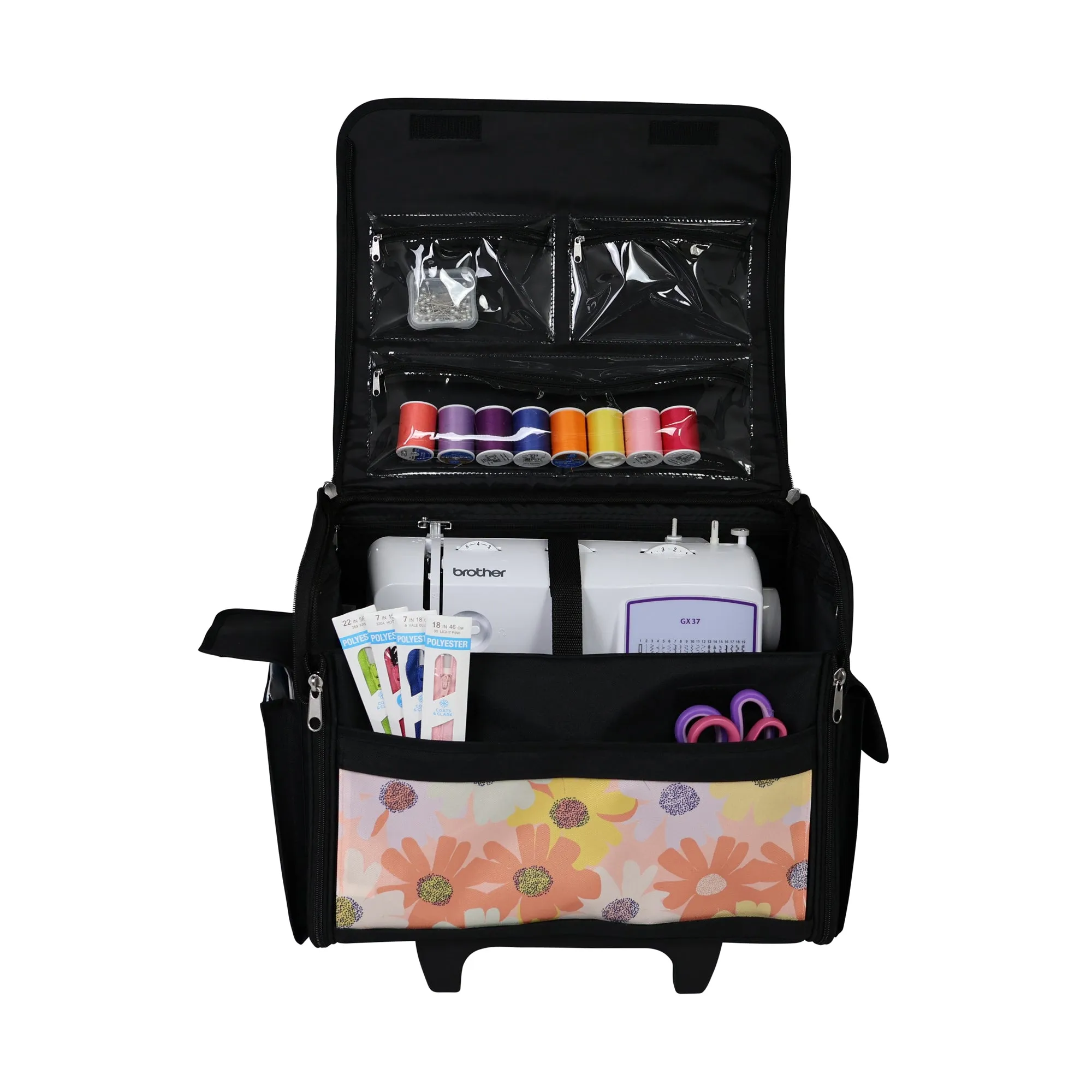 Everything Mary Collapsible Rolling Sewing Machine Tote - Premium Polyester Construction - Universal Fit - Portable with Dual Wheels and Telescoping Handle - Pastel Large Floral