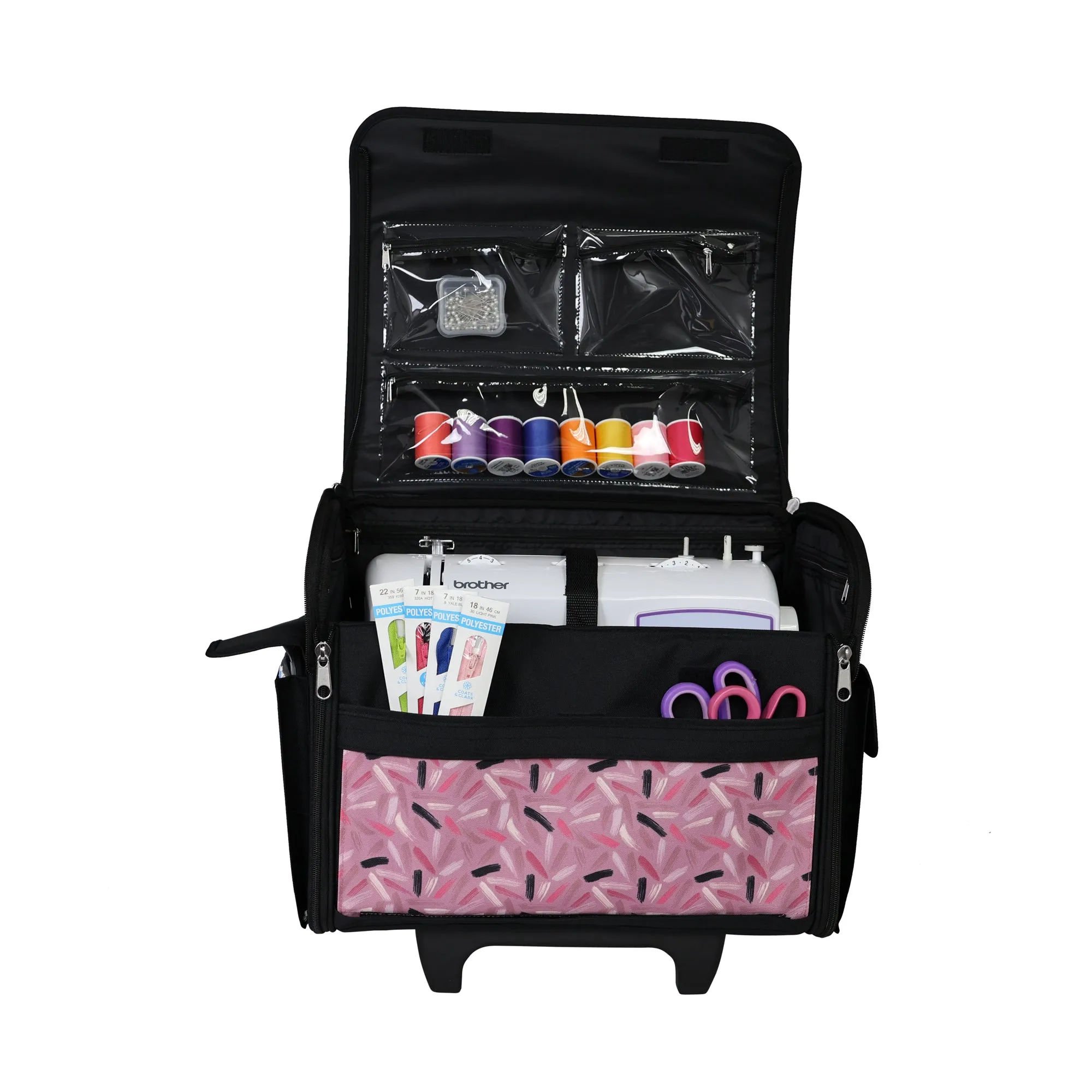Everything Mary Collapsible Rolling Sewing Machine Tote - Premium Polyester Construction - Universal Fit - Portable with Dual Wheels and Telescoping Handle - Pink Abstract