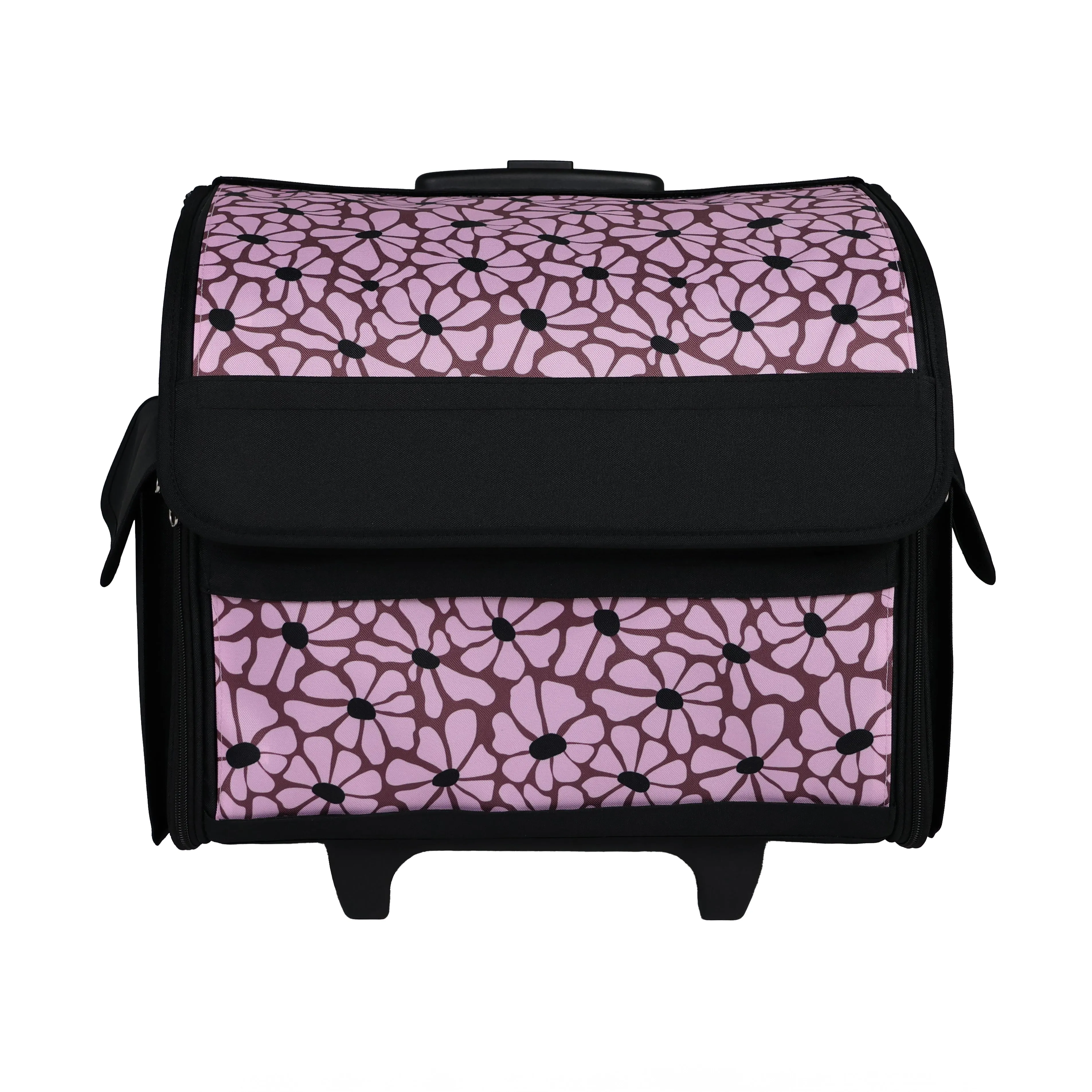 Everything Mary Collapsible Rolling Sewing Machine Tote - Premium Polyester Construction - Universal Fit - Portable with Dual Wheels and Telescoping Handle - Purple Floral