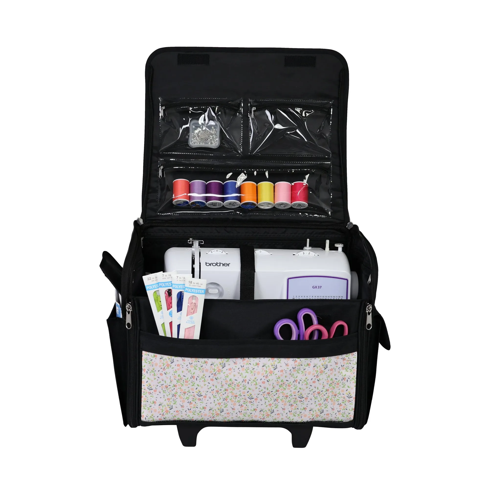 Everything Mary Collapsible Rolling Sewing Machine Tote - Premium Polyester Construction - Universal Fit - Portable with Dual Wheels and Telescoping Handle - Small Pastel Floral
