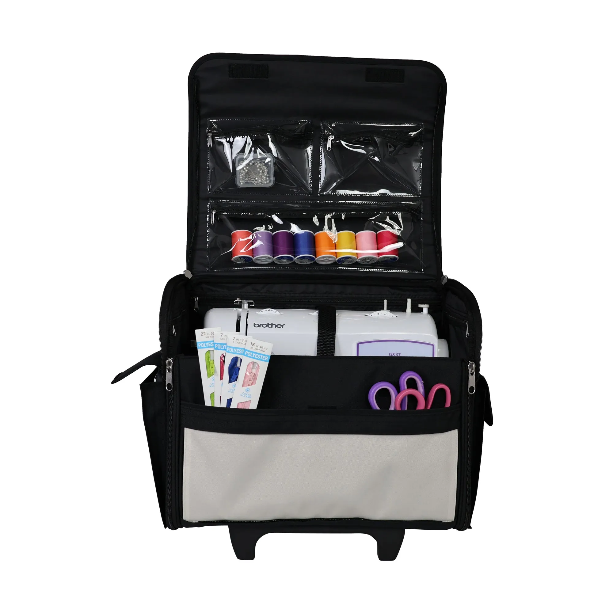 Everything Mary Collapsible Rolling Sewing Machine Tote - Premium Polyester Construction - Universal Fit - Portable with Dual Wheels and Telescoping Handle - Solid Tan