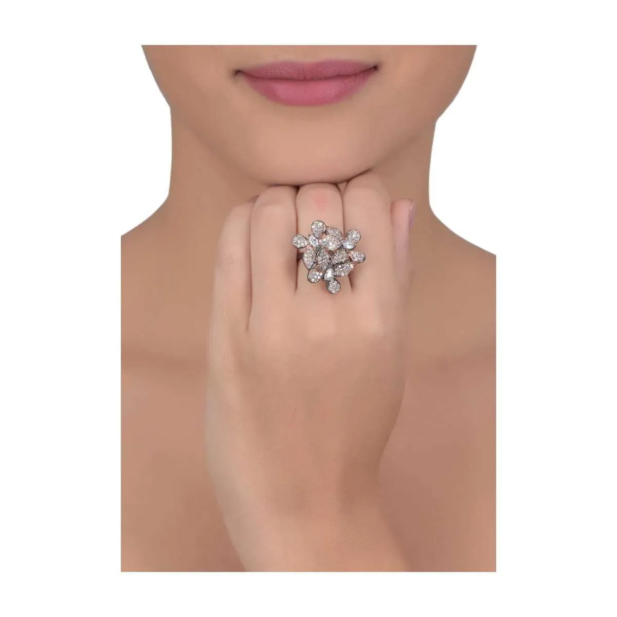 Gunmetal Grey Stone And Crystal Studded Ring In Butterfly Pattern Online - Kalki Fashion