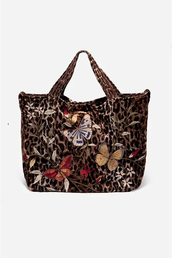 Johnny Was Embroidery Leopard BROWN Penelope Velvet Tote Bag Handbag New