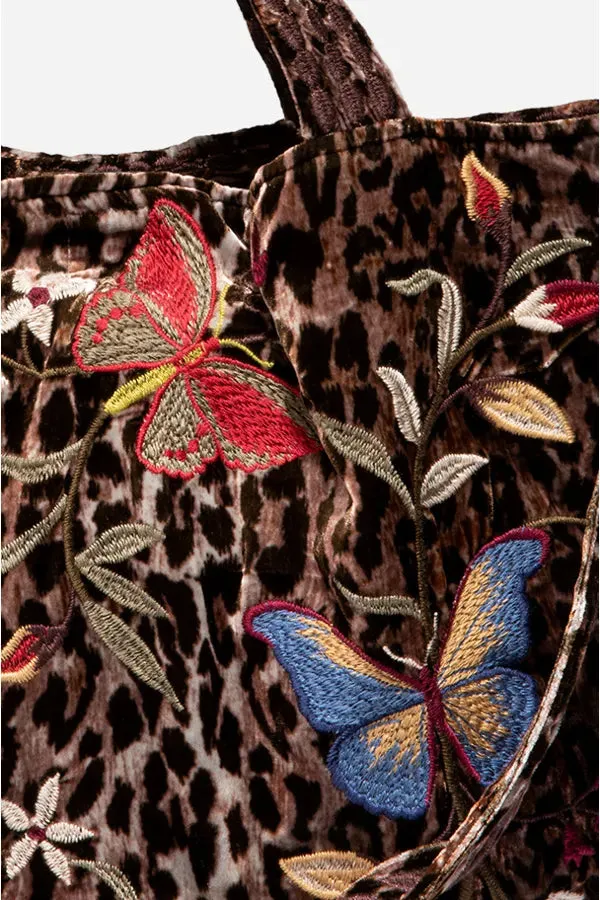 Johnny Was Embroidery Leopard BROWN Penelope Velvet Tote Bag Handbag New