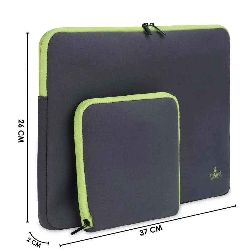 The Clownfish Jawa Series Neoprene Unisex 13 inch Tablet Case Laptop Sleeve Laptop Case Slipcase with Zip Pouch (Grey with Green Top Piping)